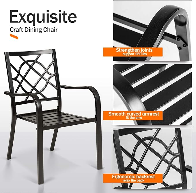 SUNCROWN 2 Pieces Wrought Iron Black Chairs 300 Lbs Outdoor Dining Chairs, Patio Metal Stackable Chair with Armrest for Backyard, Garden, Poolside