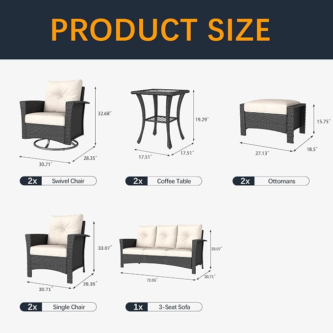 9 Pieces Outdoor Patio Furniture Set, Wicker Patio Sectional Set Conversation Wicker Swivel Chairs with Small Side Table
