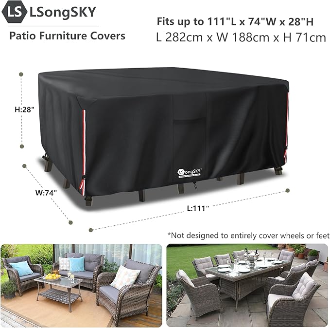 Outdoor Furniture Covers Waterproof,600D Heavy Duty Patio Furniture Covers for 6/7/8 PCS Sets Sectional Sofa Couch Rocking Swivel Chairs Ottomans Coffee Table,111L x 74W x 28H inch Black
