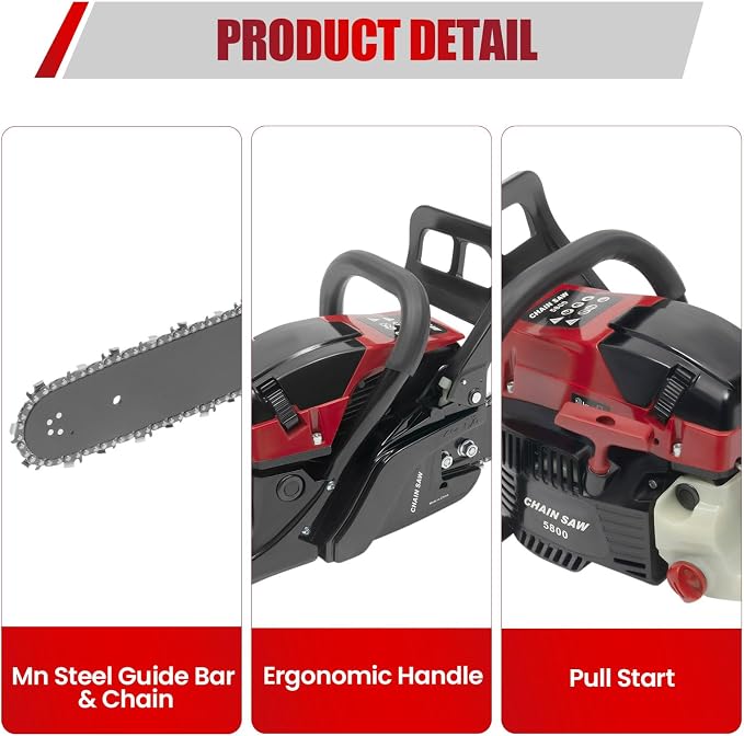 58CC 2-Cycle Gas Powered Chainsaw, 20-Inch Top Handle Chain Saw with Hand-Pull Start, Professional Wood Cutting Tools, Effectively Reduce Noise and Vibration