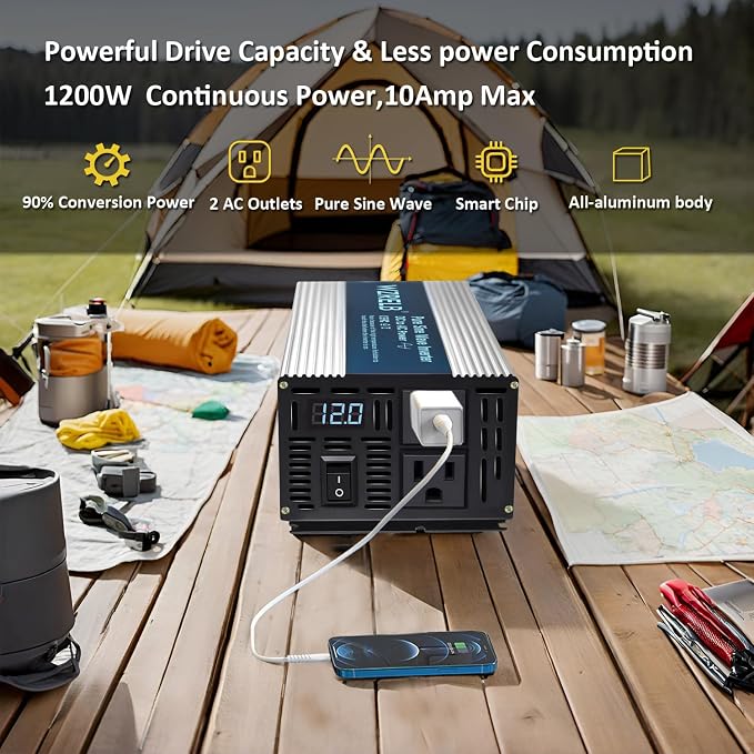 WZRELB 1200W Pure Sine Wave Inverter 48V DC to 110V 120V AC Power Converter with LED Display, Remote Controller, Off-Grid Power Inverter 2400W Surge for Home, RV, Truck, Camping