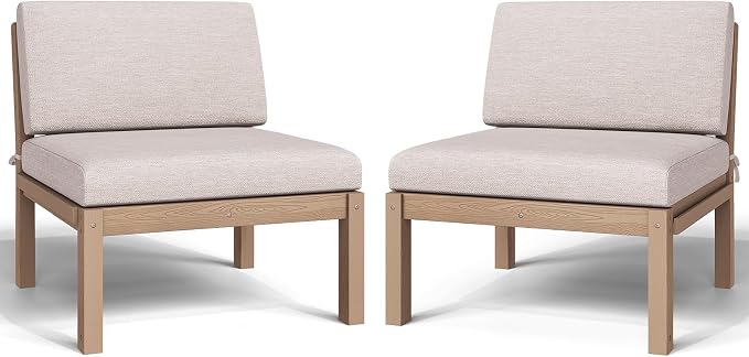 Outdoor Patio Chairs Set of 2, HIPS Modular Sectional Seatings & Thick Cushions– Side Interlock Easy to Connect, Weatherproof Patio Furniture Set for Backyard, Deck, Poolside (Teak)