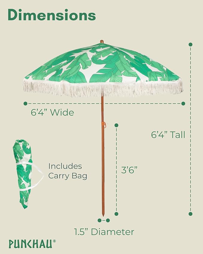 6 Ft Fringe Patio Umbrella - Outdoor Umbrella for Patio, Pool, Table, Garden, Deck, Beach, and Outdoors - Fashionable Boho Vintage Tassels & Wood Print - Push Button Tilt Pole