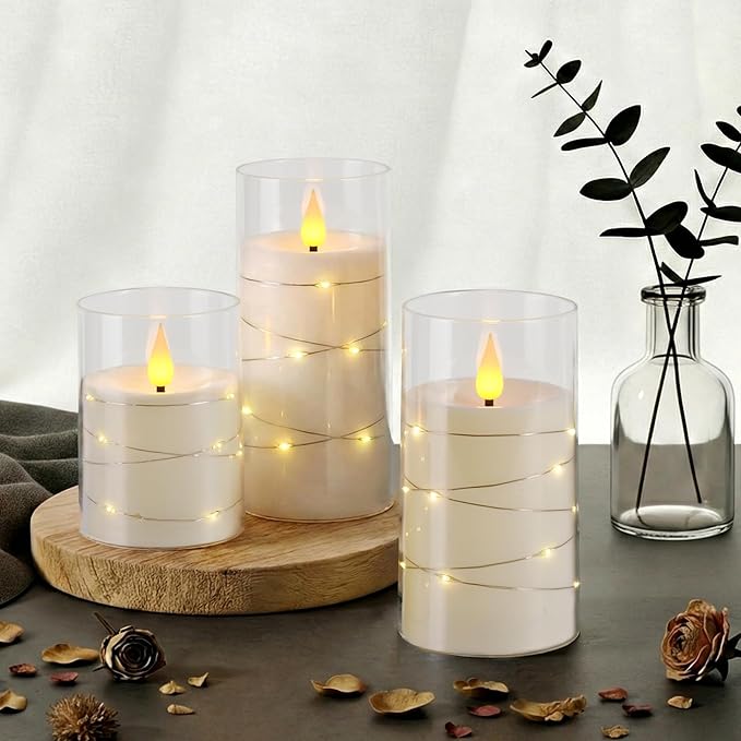Homemory Flameless Candles with Embedded Star String Fairy Lights, Battery Operated Candles, LED Candle, Fake Candles with Remote Control and Timer, White, Set of 3(H 4" 5" 6”)