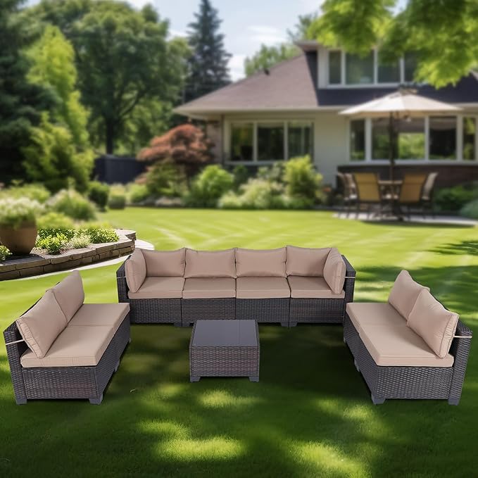 CHABATREE 9 Pieces Outdoor Patio Furniture Sets,Rattan Conversation Sectional Set,Manual Weaving Wicker Patio Sofa with Tea Table