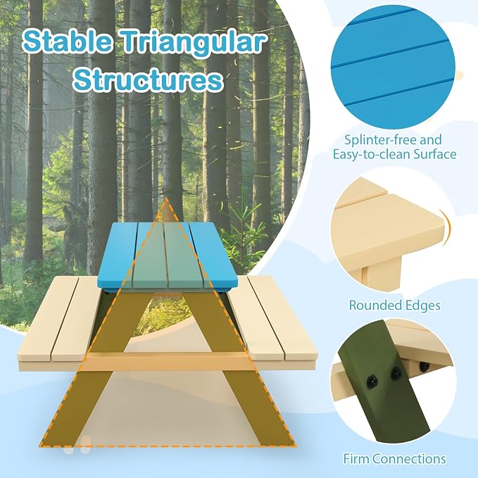 Costzon Kids Picnic Table, Acacia Wood Kids Outdoor Table with Benches, Toddler Patio Furniture Set for Backyard, Garden, Lawn, Gift for Boys Girls 3+ (Green)