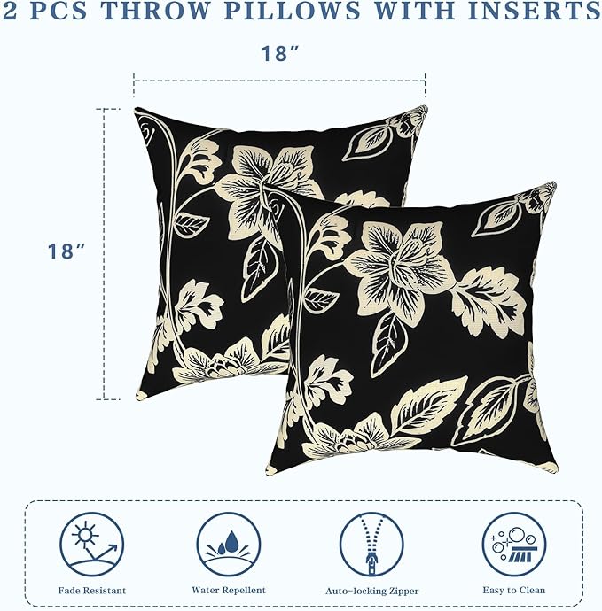 LVTXIII 2 Pack Outdoor Pillows 18x18 Inch, Square Throw Pillows with Inserts, Decorative Water-Repellent Pillow Cushions for Patio Furniture and Garden Sofa, Elegant Vines Black