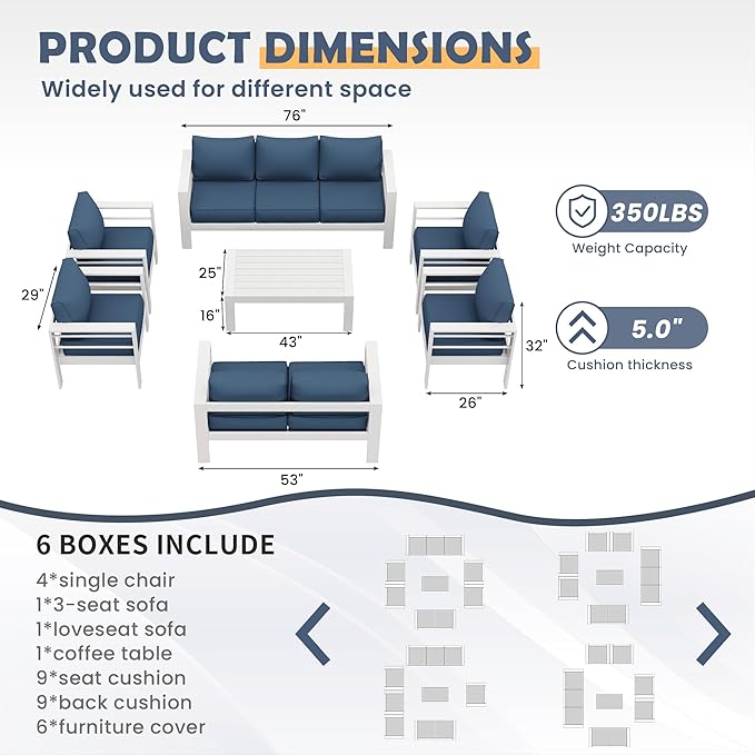 Amopatio Aluminum Patio Furniture Set, 10 Pieces Modern Patio Conversation Sets, Outdoor Sectional Metal Sofa with Coffee Table for Balcony, Garden, White&Blue (Included Waterproof Covers)