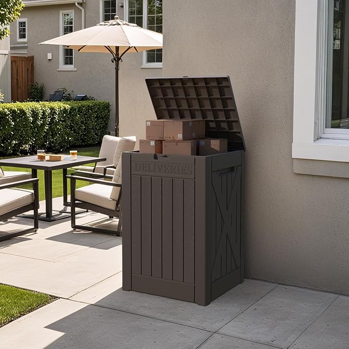 Patiowell 48-Gallon Resin Package Delivery Box for Outside, Waterproof Storage Deck Box with Lockable Secure (Brown)