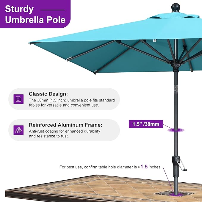 PURPLE LEAF 6.5' x 6.5' Square Patio Market Umbrella with Base Outdoor Table Umbrellas Aluminum Frame Sun Shade with 8 Sturdy Ribs Tilt for Garden Deck Lawn Pool Turquoise Blue