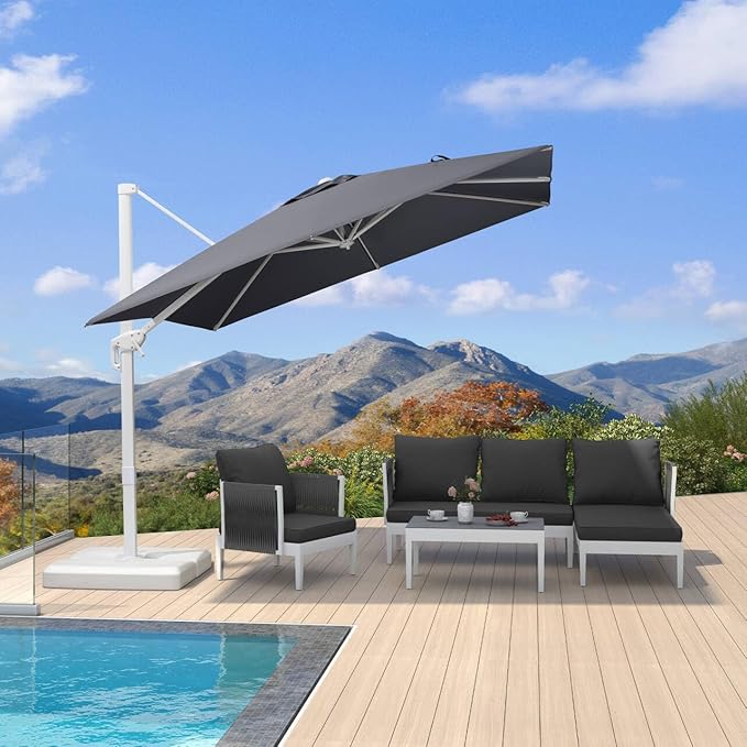 PURPLE LEAF 9 FT Patio Umbrella White Cantilever Umbrella Aluminum Square Outdoor Offset Umbrella Hanging Windproof with 360° Rotation for Garden Deck Pool, Light Grey
