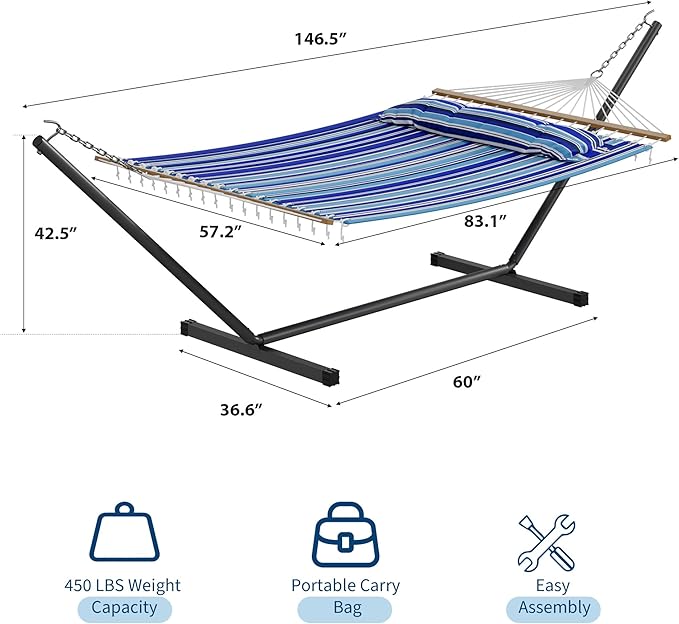 Garvee 57" Double Hammock with Heavy Duty Stand – 2 Person Hammock, Widening Cotton Fabric Design, 450 LB Capacity for Indoor & Outdoor Use (Blue)