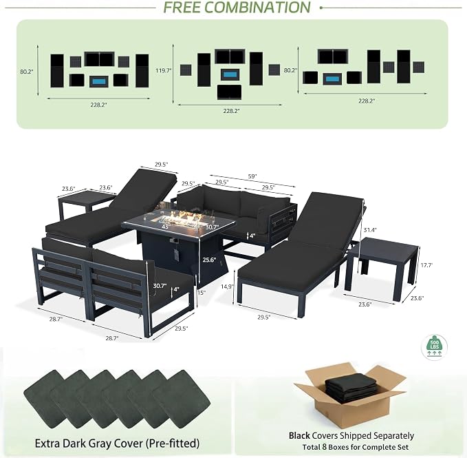RADIATA 9 Pcs Extra Large Modern Aluminum Outdoor Furniture Set with Lounger & Fire Pit Table, 29 inch Deep Wide Couch Set, 500 lbs Heavy Duty Comfortable Patio Sectional Sofa for Edge of Pool, Black