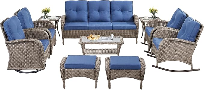 10-Piece Patio Furniture Set-Patio Rocking Chairs Set of 4 Outdoor Rattan Sofa Sets with Coffee Table Outdoor Patio Furniture Sets for Deck Porch Garden Balcony Poolside-Grey/Blue