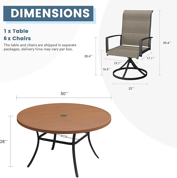 DIFY 7 Piece Outdoor Patio Dining Set for 6, 50" Walnut Round Metal Dining Table and Swivel Patio Chairs with Brown Padded Textilene, All-Weather Outdoor Furniture Set for Garden Backyard Porch