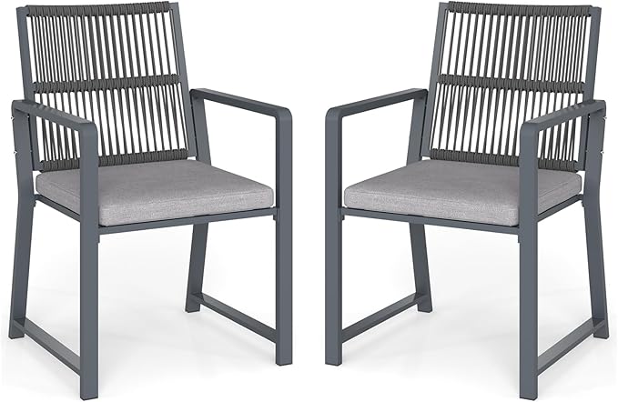 Outdoor Patio Wicker Rattan Dining Chairs, Heavy-Duty Wrought Iron Frame Supports 400lbs, Ergonomic Backrest, Detachable Breathable Cushion, for Garden & Porch, Dark Gray, Set of 2