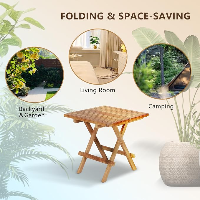 OTSUN Teak Wood Square Foldable Side Table Outdoor, Portable Patio End Table for Garden, Pool & Balcony, Natural Wooden Accent Table