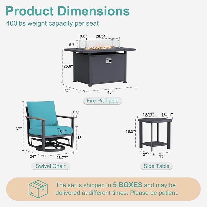 10Pcs Aluminum Patio Rocking Swivel Chair with 55,000 BTU Fire Pit Table Outdoor Bistro Set with Coffee Table, Patio Furniture Set with High Backrest & Thickened Cushions, Turquoise
