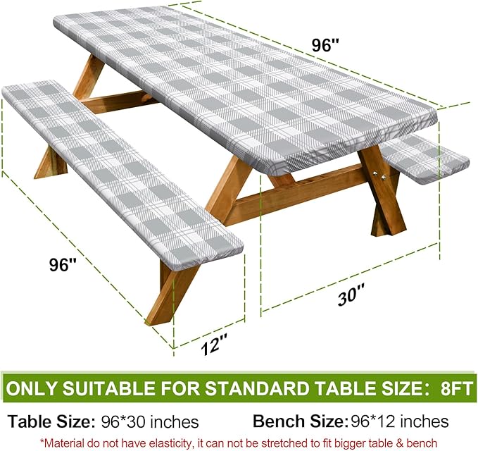 Play Tailor Picnic Table Cover with Bench Covers Camping Essentials Waterproof Windproof Camping Tablecloth with Drawstring Bag, Fitted Rectangle Tables and Seats, 96in, Grey Checkered