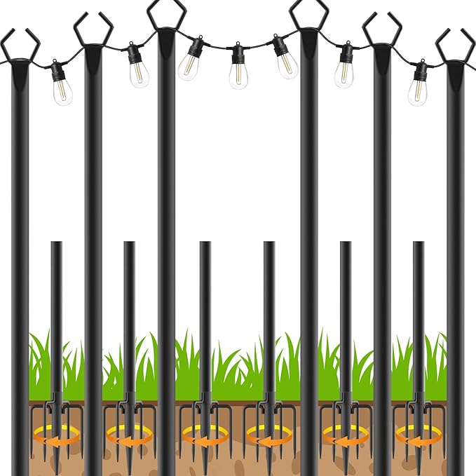 LETIANPAI 10Ft String Light Poles 6 Pack,Light Poles for Outside Lights,Outdoor with Fence Brackets Hanging Lights,Metal Stand Deck Patio Backyard