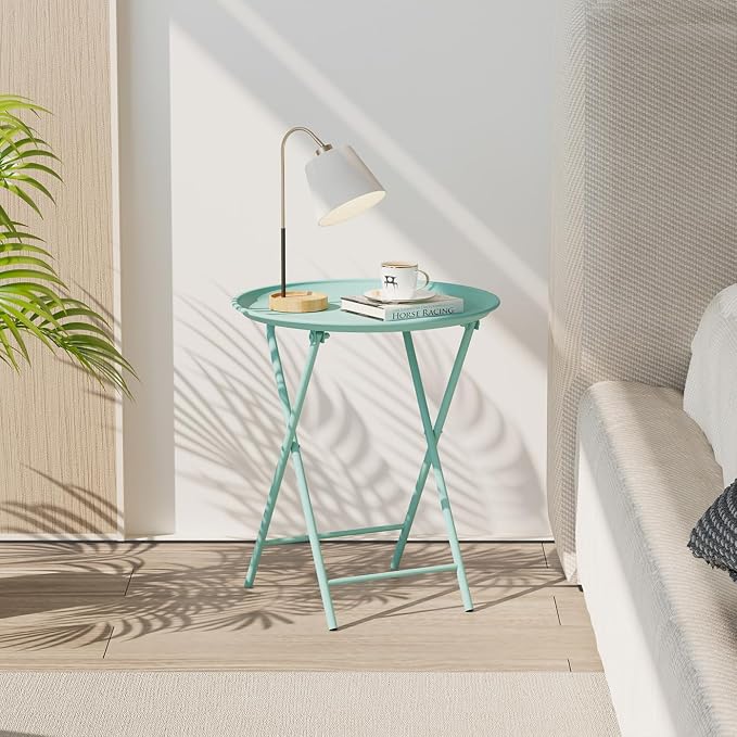 Garden 4 you Folding TV Tray Table, Metal Round Side Table, Green Dinner Table with Metal Frame, Modern Outdoor Tray Table for Living Room, Bedroom, Patio & Small Spaces, 1 Pack