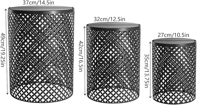 Set of 3 Nesting Side Table, 3Pcs Patio Side Table Iron Side Table Outdoor/Indoor Accent Table with 3 Sizes, Round Metal End Table for Gardens, Balconies, Bedrooms-Black