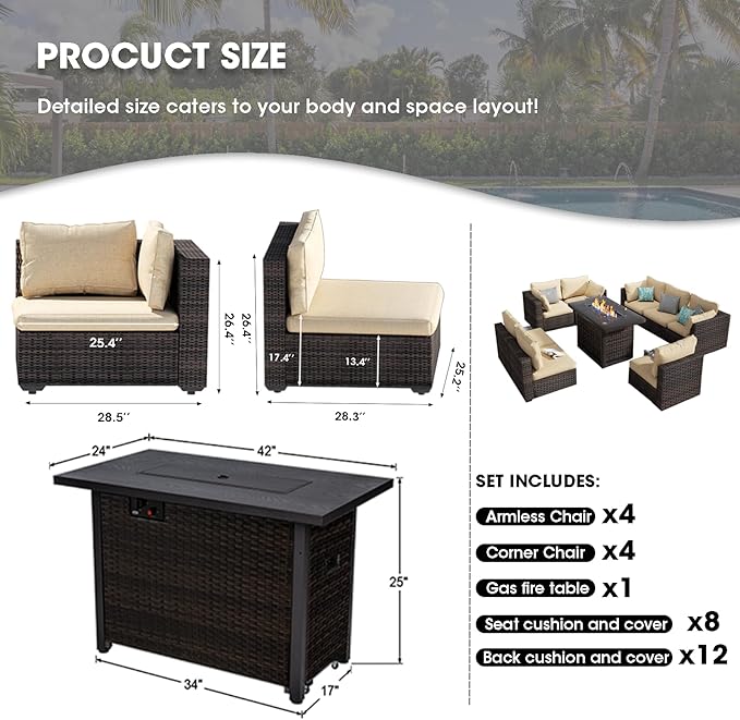 Grezone 9 Piece Patio Furniture Set with 44" Fire Pit Table, Outdoor Sectional Couch, PE Rattan Patio Conversation Sets with 4inch Cushions for Backyard Beige