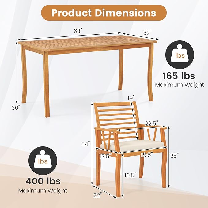 Tangkula 7 Pieces Acacia Wood Patio Dining Set, Outdoor Table and Cushioned Chairs Set with 1.97” Umbrella Hole, Outside Dining Furniture Set for Deck, Garden and Backyard