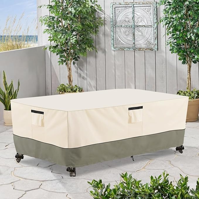 Bitubi 84 Inch Rectangular/Oval Patio Table Cover,Heavy Duty Waterproof Outdoor Table Cover Winter, Patio Furniture Covers, Beige