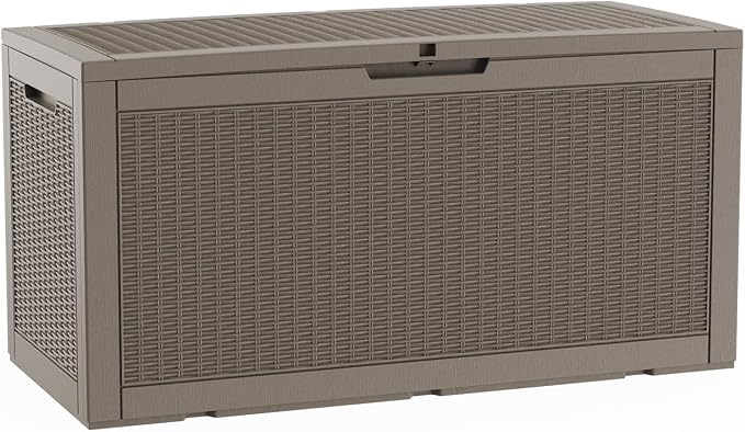 Pepe Tee Waterproof Resin Deck Box, Outdoor Storage Bin for Patio Furniture Cushions, All-Weather Garden Organizer & Seating Bench, Coffee