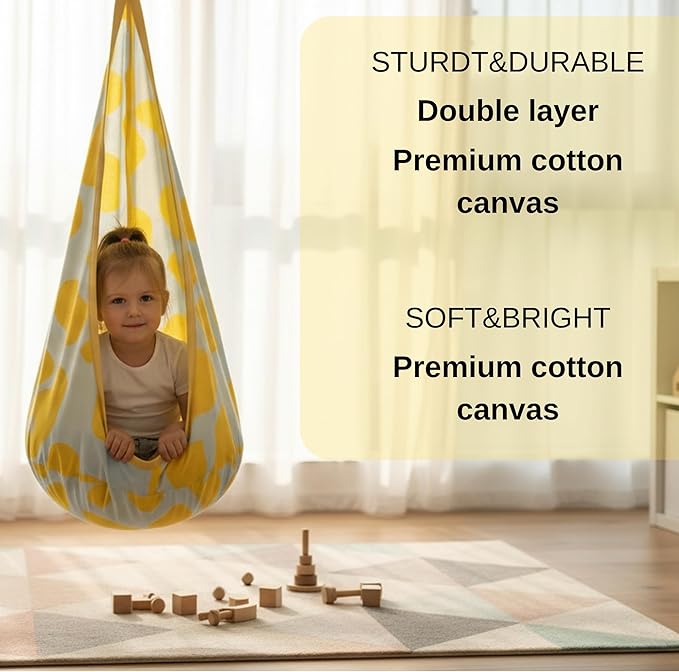 Calming Sensory Swing — Indoor Sensory Hammock for Kids & Adults, Supports up to 170 lb (77 kg), Double-Layer Canvas Fabric, Hanging Hardware Included, White-Yellow