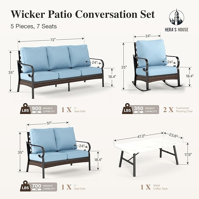 HERA'S HOUSE 5 Piece Metal Patio Furniture Set, 7 Seats All Weather Outdoor Conversation Set, 3 Seat Sofa with Loveseat, 2 Rocking Chairs, Coffee Table for Backyard, Garden, Deck, Blue