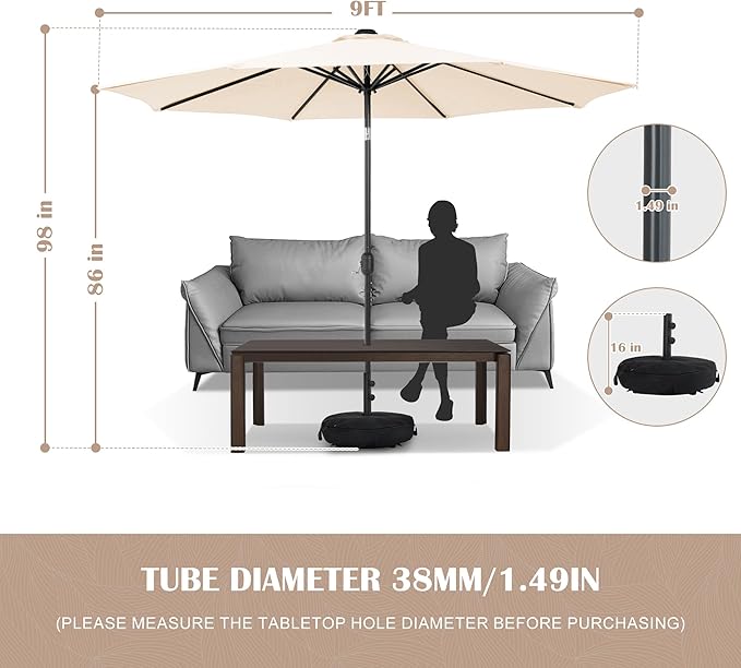 Sundale Outdoor 9FT Patio Umbrella with Sand Bag Umbrella Base, Outdoor Umbrella with Tilt and Crank, Beige