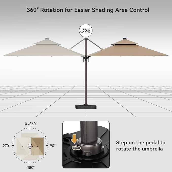 9x12FT Brown Cantilever Outdoor Patio Umbrella with Base, Large Rectangular Offset Design, Double Top Heavy Duty Aluminum Frame & 360° Rotation for Pool Garden Deck Backyard, Beige