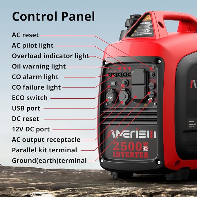 AMERISUN 2500W Portable Inverter Generator, Gas Powered Generator with CO Sensor, 11H Runtime, 120V AC/12V DC/USB, Quiet, Lightweight for Outdoor, Home Backup, RV, Camping & Emergency Power