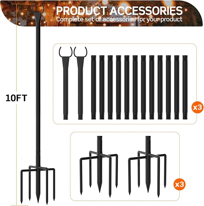 String Light Poles for Outside, 10ft Outdoor Poles for String Lights, Heavy Duty Stepped-in 5-Prong Base Light Pole for Backyard, Patio, Garden, Wedding & Party Decor (6 Pack)