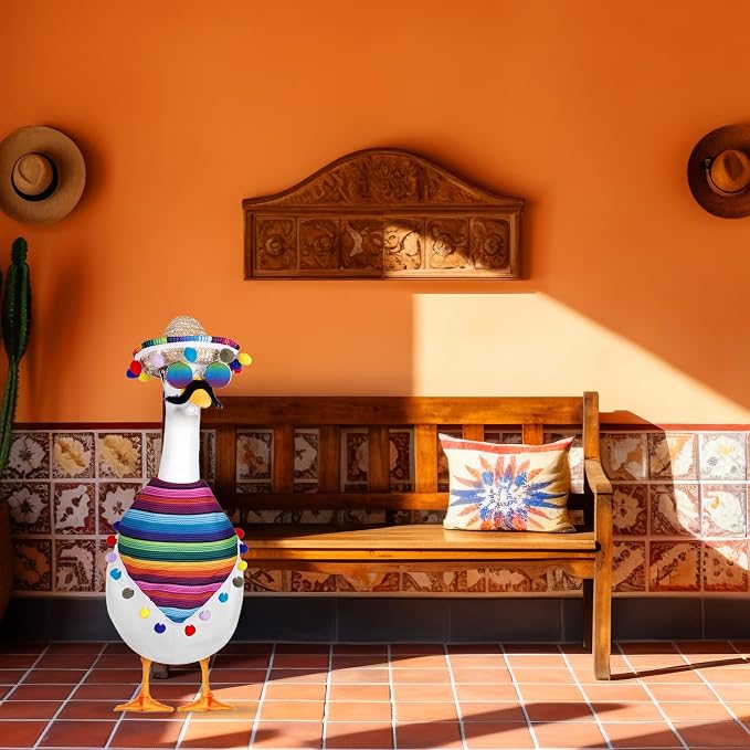 Mexican Porch Goose Outfits, 23" / 17" Lawn Goose Costume, Garden Goose Clothes for Cinco De Mayo, Mexican Sombrero with Bandana Scarf Beard Glasses for Yard Decor