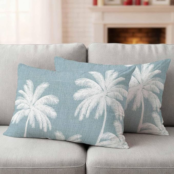 Lumbar Pillow Covers 20x12 Inch Set of 2, Grey Blue Palm Trees Waterproof Outdoor Pillow Covers, Farmhouse Tropical Summer Beach Decorative Cushion Pillowcases for Couch, Sofa, Bed, Garden, Patio