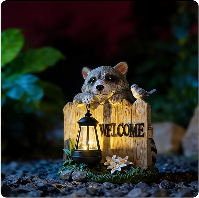 Solar LED Garden Statue with Raccoon and Welcome Sign, Outdoor Decorative Lantern with Bird and Flowers for Porch, Patio or Yard