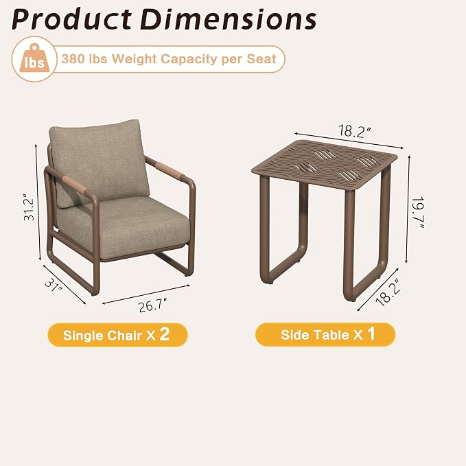3-Piece Modern Aluminum Patio Sofa Set with Coffee Table, Deep Seating Conversation Set Featuring 6.5" Cushions, All-Weather for Garden, Balcony, Poolside (Brown)