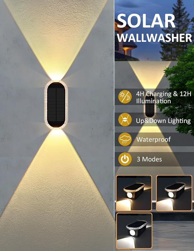 Solar Fence Lights Outdoor, 3000K/4000K/6000K 3 Modes Solar Wall Lights Outdoor Waterproof, Up&Down Dual-Head Outdoor Solar Lights for Yard House Fence Backyard Deck Garden Patio Porch, 10 PK
