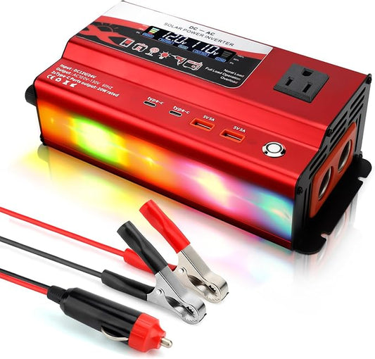 12V/24V Car Power Inverter Converter, Dual Type C Dual USB Dual Cigar Lighter Ambient Light LCD Display Adapter with Wide Compatibility, Suitable for Cars and Trucks (Red, 1000W)
