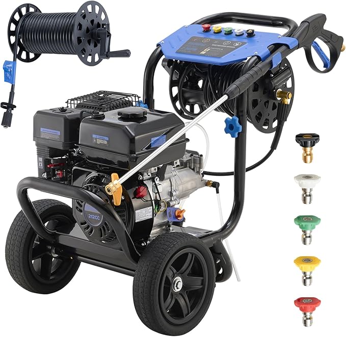 Gas Pressure Washer 3600 PSI with Hose Reel, 2.3 GPM Heavy Duty High Power Washer, 212CC Engine with 30FT Hose, Axial Aluminum Pump, Soap Tank, 5 Quick Connect Nozzle, 3.6L Gas Tank (Navy Blue)
