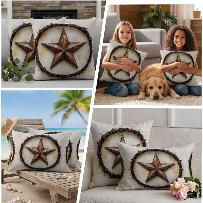 Texas Star Rustic Waterproof Outdoor Pillow Covers Set of 2 Home Decor, Vintage Country Stars Modern Abstract Pillowcase Patio Pillow Covers for Couch Bench Furniture Garden 16x16in