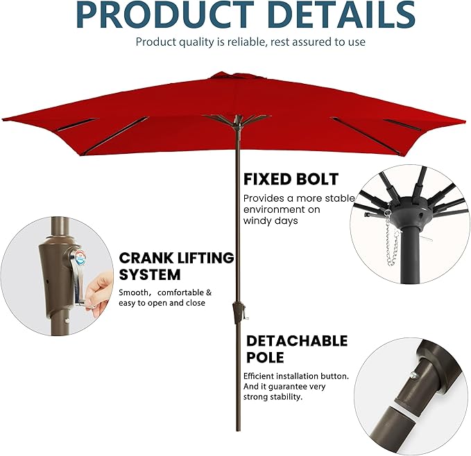 8x10FT Rectangular Patio Umbrella with Crank Lift for Garden,UV Protection Outdoor Umbrella for Deck,Pool and Yard,Red