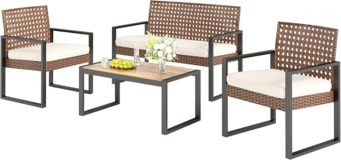 Sophia & William 4 Pieces Patio Conversation Set, Wicker Outdoor Furniture Set for 4, All Weather Outdoor Seating Set, Rattan Loveseat & Single Chairs with Cushions & Acacia Wood Coffee Table, Beige