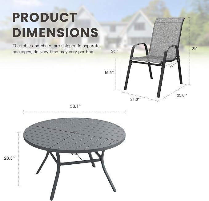9 Pieces Outdoor Dining Set, 53.1" Spliced Patio Table with Umbrella Hole & Stackable Outdoor Dining Chairs, Patio Furniture Set for Deck Garden Porch, Grey Chairs & Dark Grey Table