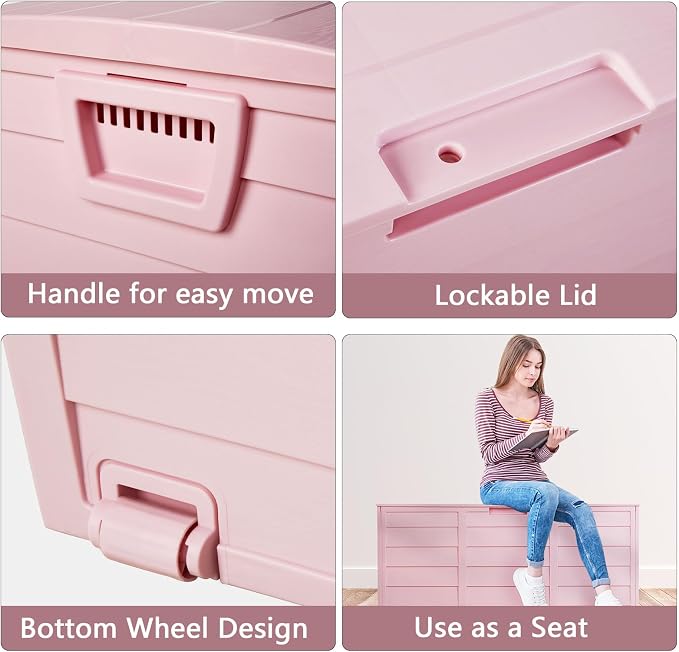 75 Gallon Outdoor Deck Box, Waterproof Storage Box with Wheels, Lockable Wheels, Patio Storage Box Storage, Resin Structure for Garden,Patio (Pink)