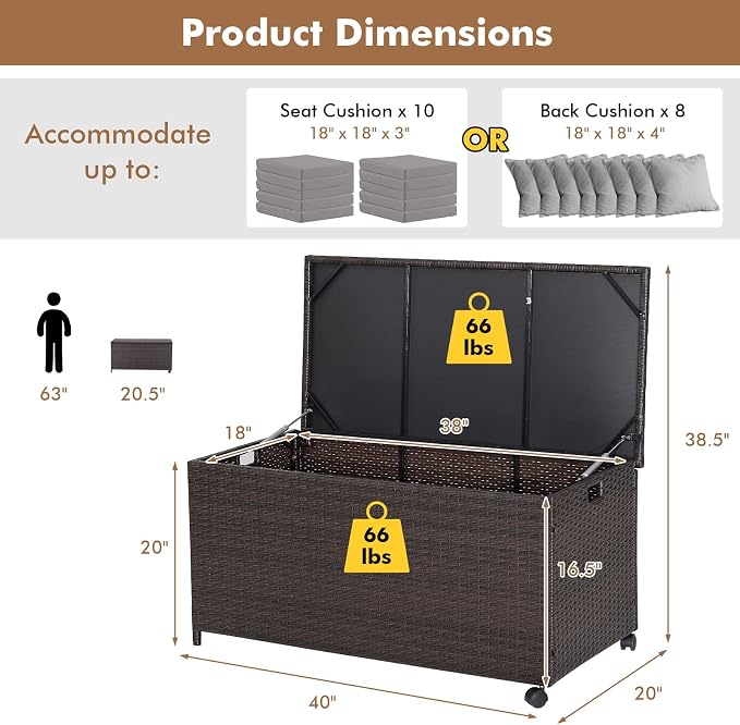Tangkula 50 Gallon Wicker Deck Storage Box, Patio Rattan Storage Container with 2 Universal Wheels, Safety Pneumatic Rod, Zippered Liner, Sturdy Steel Frame, Ideal for Backyard, Poolside