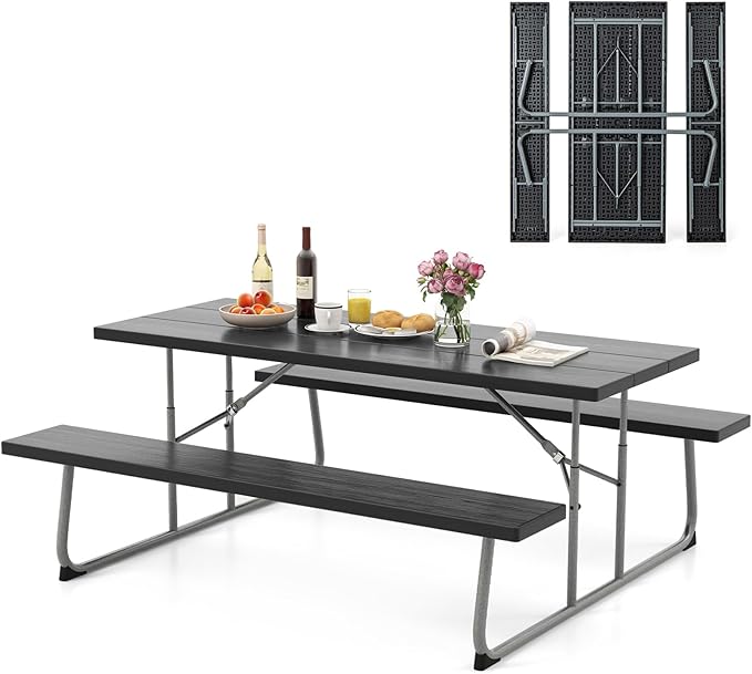 Giantex Folding Picnic Table - 6 FT Outdoor Table Bench Set for 8 Persons w/All-Weather HDPE Tabletop, Metal Leg, Umbrella Hole, Large Outside Dining Table for Patio Garden Yard Poolside (Black)